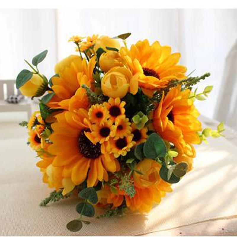 Wedding Flowers Artificial Yellow Sunflower Holding Bouquet Handmade Buque Casamento Bridal DecorationWedding