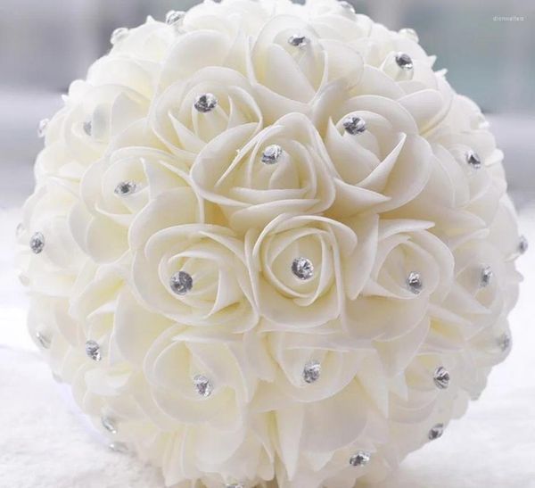 Flores de boda hermoso blanco marfil nupcial dama de honor ramo de flores Noivaartificial Rosa ramos de cristal