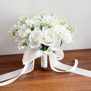 Fleurs de Mariage grand Bouquet de mariée Roses blanches soie artificielle souffle de bébé demoiselles d'honneur de mariée Gypsophila accessoires de Mariage 24 cm