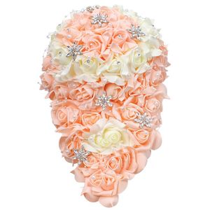 Fleurs de mariage grande taille en cascade mariée cascade Bouquet perlé strass artificielle Rose mariée tenant la mousse