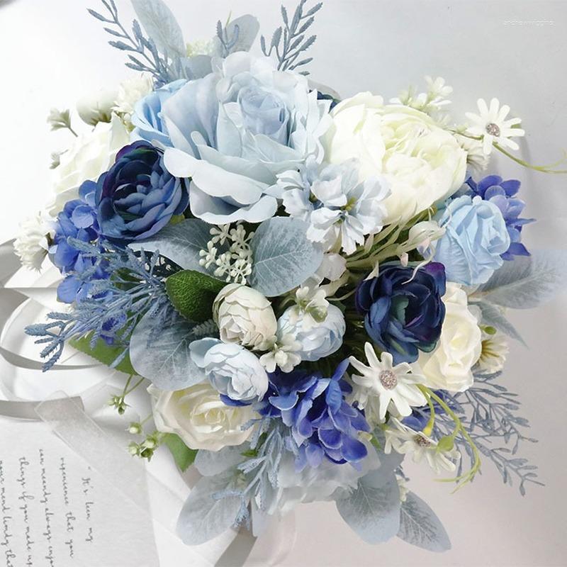 Bröllopsblommor blå konstgjorda blommor bukett brud ramos de novia