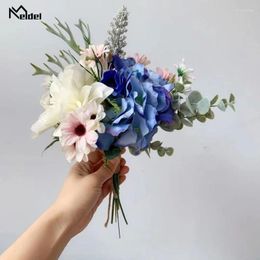 Wedding Flowers Blue White Silk Roses Bouquet voor bruidsmeisjes Fake Dahlia Bridal Holder Artificial Decor