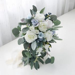 Fleurs de mariage bleu blanc cascade bouquet de mariée demoiselle d'honneur artificielle fausse fleur feuille verte mariage fête festival décorations
