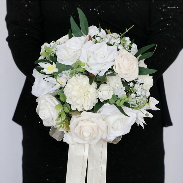 Ramo de flores de boda para novia, dama de honor, decoración de flores artificiales de champán blanco