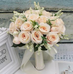 Bouquet de fleurs de mariage avec ruban de satin de soie rose blanc champagne demoiselle d'honneur fête nuptiale tenant des fleursrose naturelle artificielle7762451