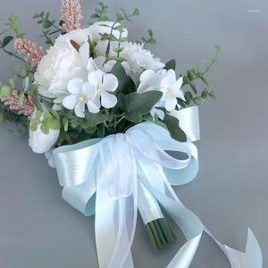 Bouquets de fleurs de mariage bleu ciel clair avec accessoires roses et blancs, 26 36cm