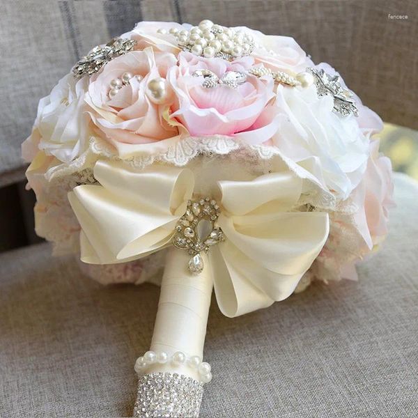Fleurs de mariage Bouquet de mariée Bridesmaid Rose Fleur artificielle Luxurious Silk Pink Crystal Pearl