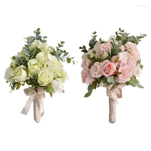 Bouquet de fleurs de mariage, roses artificielles faites à la main, feuilles d'eucalyptus, tenue de demoiselle d'honneur, pour fête, décoration de Table à domicile