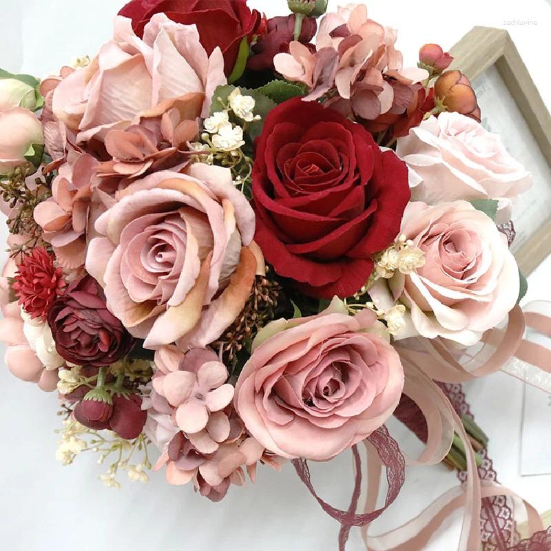 Fleurs de mariage Bouquet de mariée maison florale événement d'affaires rouge rose simulé fleur Bundle portable 586