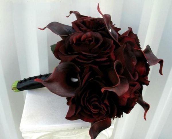 Fleurs de mariage Bouquet de mariée style rond Rose bordeaux avec lys Calla 10 pouces main tenant 3205124