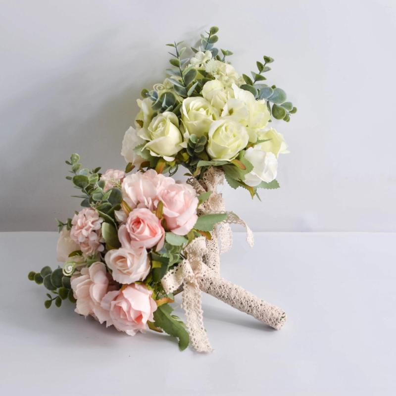 Wedding Flowers Bridal Bouquets White Pink Polyester Silk Rose Artificial Bridesmaid Flower Bouquet Accessories Decor