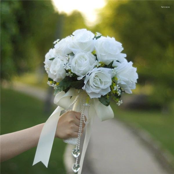 Flores de boda, ramo de dama de honor nupcial, rosas de seda blancas, accesorios de boda artificiales para novia