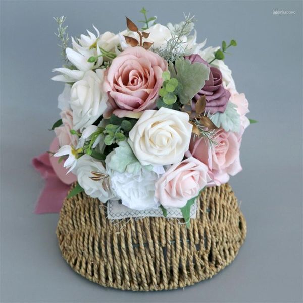 Flores de boda Bridal Bridal Bouquet Pink White Silk Roses Artificial Bride Accesorios de matrimonio