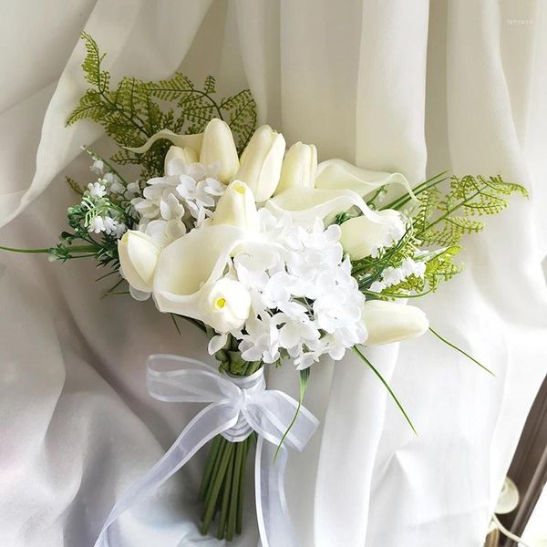 Flores de boda, ramo de dama de honor nupcial, tulipán falso blanco, boutonniere de novia Artificial, accesorios de boda