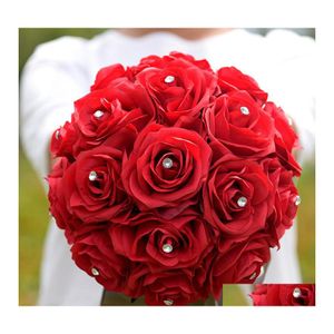 Wedding Flowers Bridal Red Rose Bouquet Romantic Bride Artificial Bouquets Home Decoratie met Crystal Drop Delivery Party Events Su Dhign