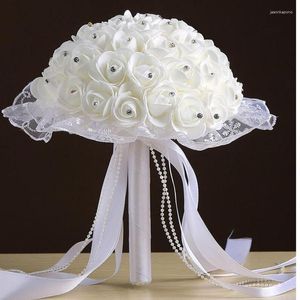 Fleurs de mariage ruban de mariée Bouquet de perles mousse fleur artificielle Rose blanche