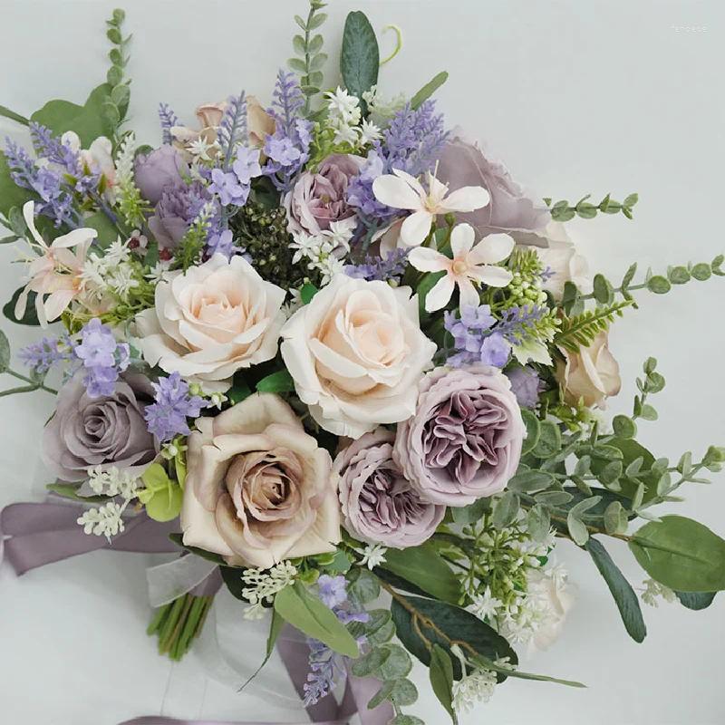 Свадебные цветы невеста букет цветок дома коммерческое симуляцию с фиолетовой розовой Остин Роуз 612