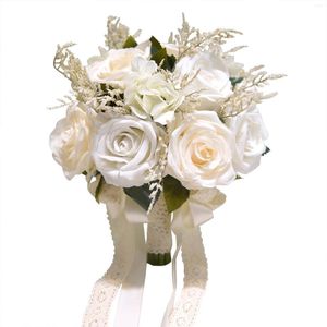 Flores de boda para dama de honor, rosa de seda Artificial con ramo de novia, cinta para accesorios, suministros para boda