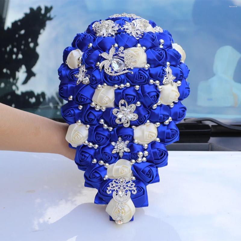 Wedding Flowers Cascading Bridal Bouquet Artificial Rose With Brooches Waterfall Bunch Royal Blue FE44