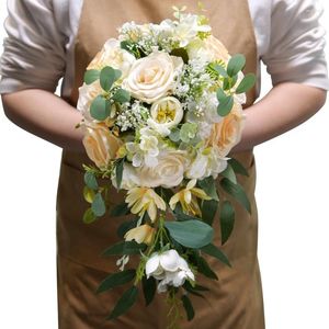 Fleurs de mariage Champagne cascade artificielle Vintage soie Rose Bouquet mariée tenant faux accessoires de décoration de la maison