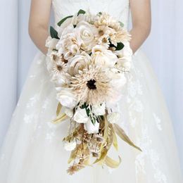 Flores de boda Champagne Seda blanca Bridla Bouquets para aniversario Romántico lanzamiento de bouquet artificial ramo novia