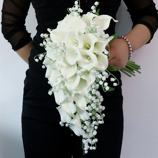 Collection de fleurs de mariage Faux Calla Lily Lys de la vallée Bouquet de mariée en cascade Style cascade Flores Para Casamento281h