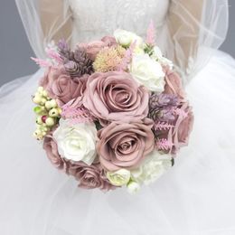 Bruiloft bloemen stoffige roze rozen bleke mauve boeket ronde 10 inch cameo met ivoor ramo para lanzar de boda