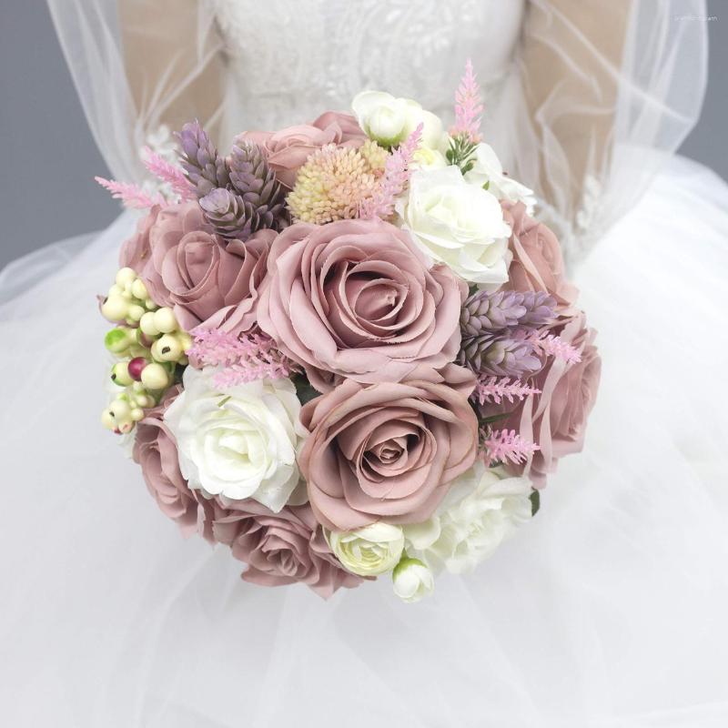 Flores de casamento Rosas rosa empoeiradas buquê de mala de malas de 10 polegadas com marfim ramo para lanzar de boda