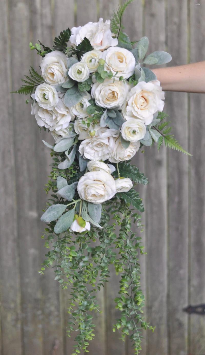 Flores de casamento eillyrosia cascata buquê de noiva peônia longo fluxo branco e verde destino para noiva pogal adereços
