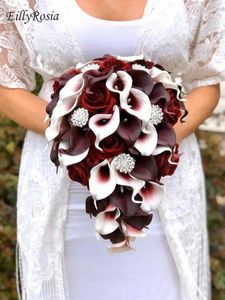 Bruiloft Bloemen EillyRosia Cascade Bordeaux Bruidsboeket Voor Bruid Traan Calla Lelies Rozen Elegante Broche Boeket Fleur Artificielle