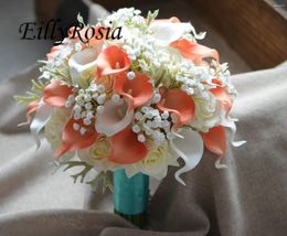 Fleurs de mariage Eillyrosia Coral Couleur blanche Calla Lily Real Touch Bouquets Bridal pour Bridesmaid Baby's Breath Ramos de Flores