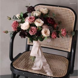 Flores de boda Eillyrosia Retro Borgoña Bouquet rojo oscuro para la novia Eucalipto Peony Bridal Da Sposa Bruidsboeket