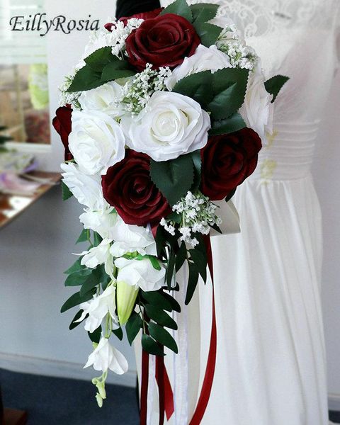 Fleurs de mariage EillyRosia Bouquet de mariée blanc et bordeaux avec feuille verte violet rose longue cascade pour la mariée