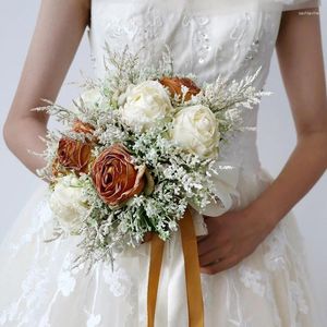 Fleurs de mariage élégantes Roses caramel artificielles demoiselles d'honneur Bouquet ivoire faux pour la décoration de jardin de maison Flores