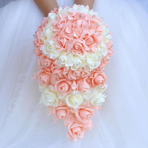 Fleurs de mariage élégant PE cascade Rose diamant main fleur mariée vente Orange Bouquet fête fournitures à la main W337