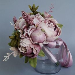 Flores de boda Europa vintage ramo nupcial artificial polvoriento Peonía falsa planta suculenta de encaje de encaje Fiesta de dama de honor 251f
