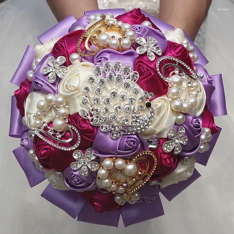 Bröllopsblommor Fuchsia Purple Buquets Lace Ribbon Artificial Rhinestones Crystal Quinceanera Accessory W2291