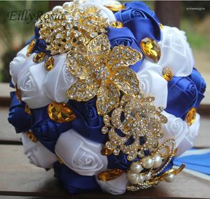 Bruiloft bloemen goud broche sieraden kristallen bruids boeket kunstmatige rozen steentjes steentjes koninklijk blauw witte de mariage exotique exotique