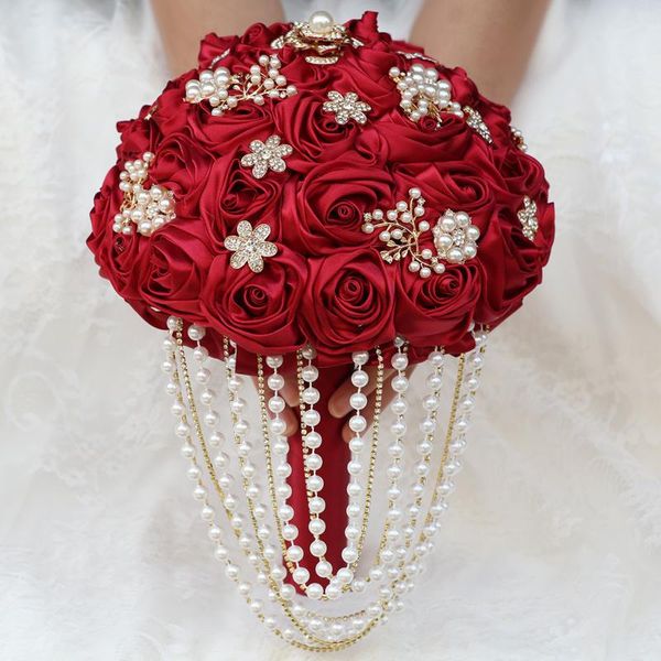 Flores de boda Ramos preciosos Novia Mano Sosteniendo Ramo de flores para dama de honor Accesorios de cinta artificial W2226