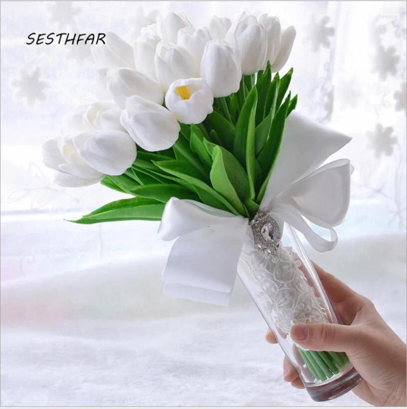 Wedding Flowers Handmade Artificial Tulip Bridal Bouquet Fleur Mariage White Pink Bride Romantic Accessories SPH060