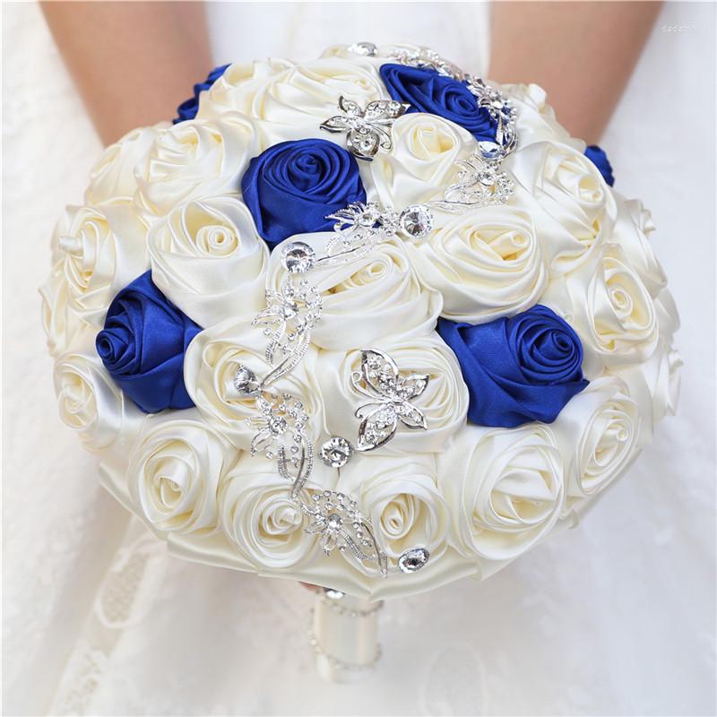 Wedding Flowers Handmade Large Size Blue Ivory Bridal Bridesmaid Butterfly Silver Diamond Bouquet Holding Fowers Buque Noiva W363
