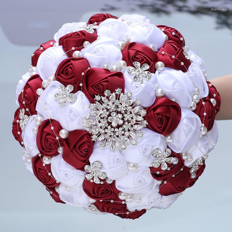 Wedding Flowers Handmade Ribbon Rose Rhinestone Bridal Bouquets Pearl Holding Bouquet Fleur Artificielle Mariage W224D