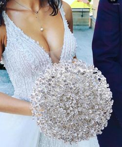 Fleurs de mariage HF02 Argent Diamant Bouquet De Mariée Fleur Broche Accessoires Bijoux