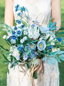 Fleurs de mariage HIMSTORY Vintage européen bleu mariée artificielle Bouquet soie sauvage Floral mariée main tenant accessoires