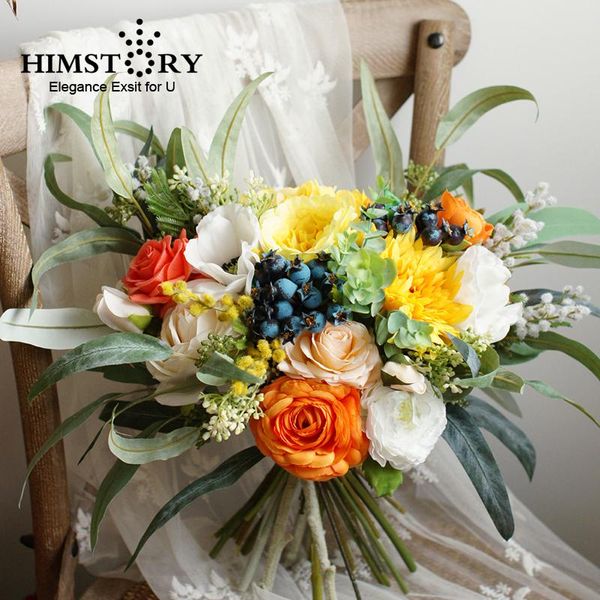 Fleurs de mariage HIMSTORY Vintage Nature Style Bouquet Support De Mariée Bouquets Roses En Soie Artificielle Pour Accessoires De Demoiselle D'honneur