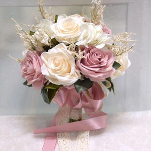 Flores de boda con ramo de rosas naturales artificiales con cinta de satén de seda, rosa, blanco, champán, dama de honor, fiesta nupcial