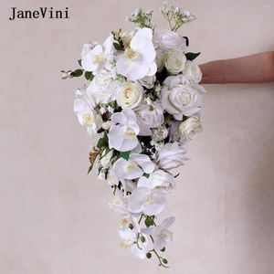 Bruiloft Bloemen JaneVini 2022 Elegante Witte Bruids Waterval Boeketten Phalaenopsis Orchidee Cascading Kunstzijde Rozen Boeket Boho