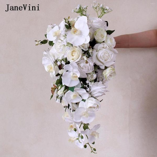 Flores de boda JaneVini 2022 elegante blanco nupcial cascada Ramos Phalaenopsis orquídea en cascada ramo de rosas artificiales de seda Boho