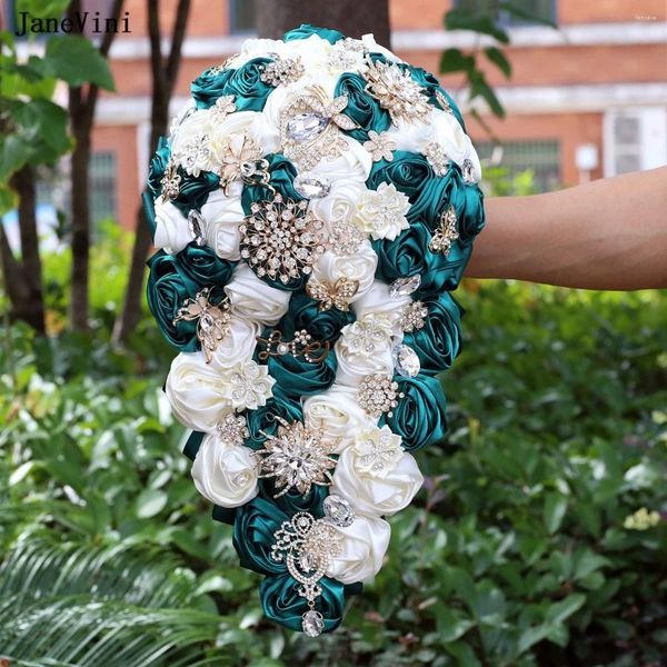 Fleurs de mariage JaneVini 2023 Bling Strass Cascade Bouquets De Mariée Ruban Ivoire Vert Foncé Bouquet En Cascade Artificielle Pour La Mariée