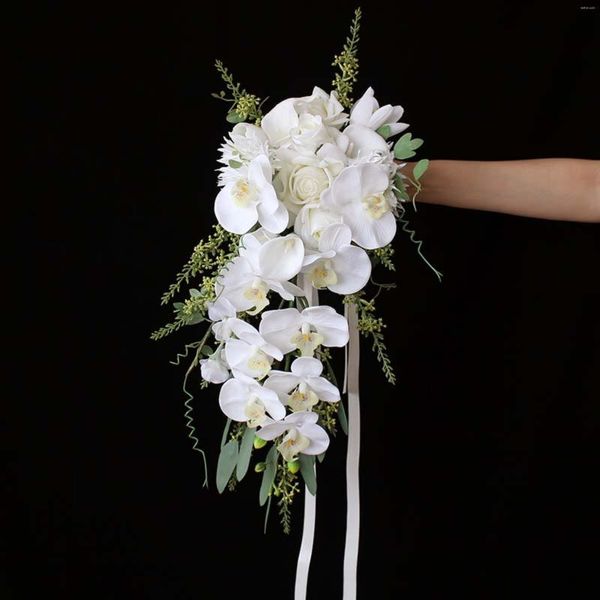 Flores de boda Janevini 2023 Bouquet de cascada blanca para la novia de seda Orquídea de polilla de la cola rosa Bridal Hochzeit Zubehor